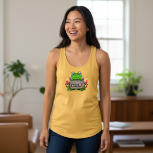 Racerback tank top featuring a cartoon frog holding a sign that reads “You’re in a Cult.”