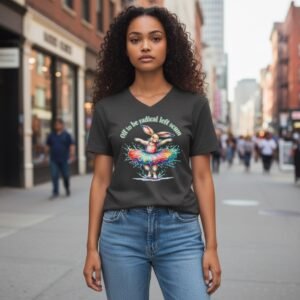 T-shirt featuring bunny ballerina graphic with “Off to Be Radical Left Scum” phrase.