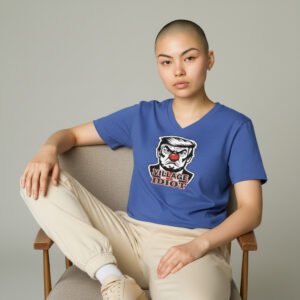 Village Idiot political parody t-shirt with bold caricature graphic and statement lettering.