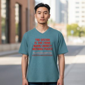 The System Is the Crime When Cruelty Becomes Policy slogan t-shirt with bold stacked typography.