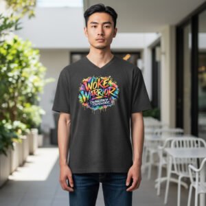 Woke Warrior Democracy Defender t-shirt with bold graffiti-style lettering and paint splash design.