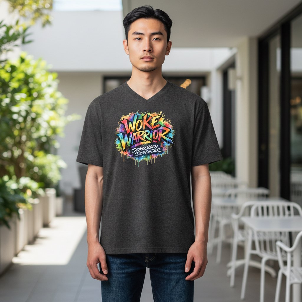 virtual-try-on-4fbd9bbb-24e8-4d03-9845-1f2471f3f30b Woke Warrior Democracy Defender t-shirt with bold graffiti-style lettering and paint splash design.