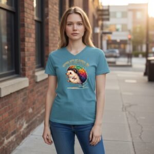 T-shirt featuring colorful hedgehog graphic with “Radical Era of Basic Human Decency” phrase.