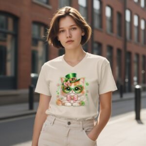 T-shirt featuring fluffy cat with festive hat, glasses, and clover accents.