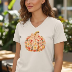Floral pumpkin t-shirt with “Trick Trump” lettering and decorative bow design.