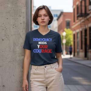 T-shirt featuring bold “Democracy Needs Your Courage” typography design.