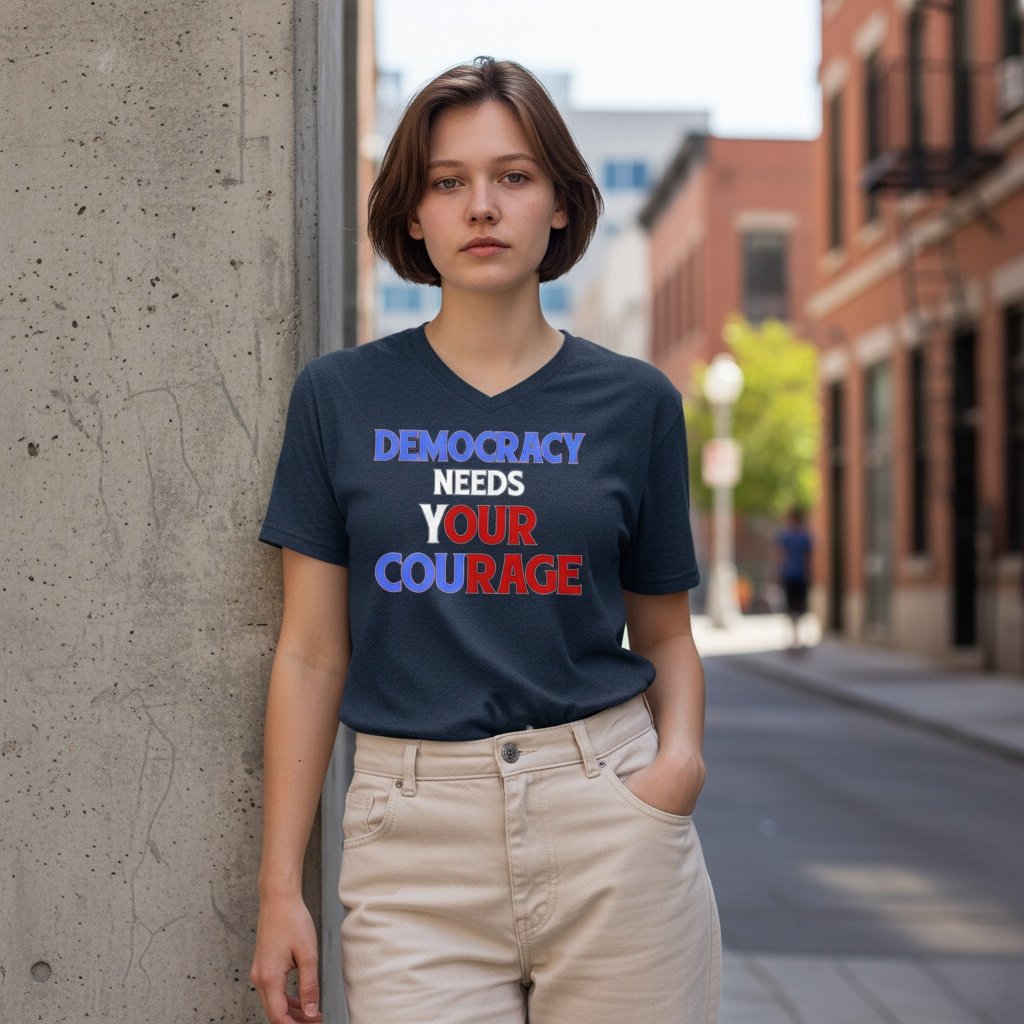 virtual-try-on-88468f5b-00e5-4d0e-9c11-bcc28783b19f T-shirt featuring bold “Democracy Needs Your Courage” typography design.