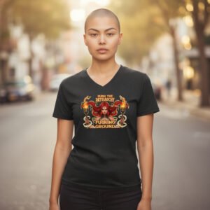 Burn the Patriarchy to the Ground feminist slogan t-shirt with flame-inspired illustration.