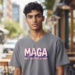 Graphic T-shirt displaying the text “MAGA Make Assholes Go Away” in bold red, white, and blue-inspired block lettering.