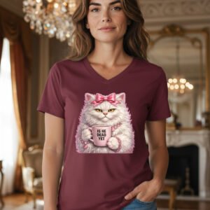 Sassy fluffy cat t-shirt holding a mug that reads “Is He Dead Yet.”