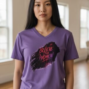Believe The Women feminist graphic t shirt with silhouette of woman and paint splash effects.