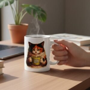 15oz coffee mug featuring a grumpy calico cat holding a mug that says “Is He Dead Yet?”