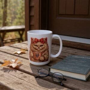 15oz coffee mug featuring Deadly Diva Cat holding a mug that says “Is He Dead Yet?”