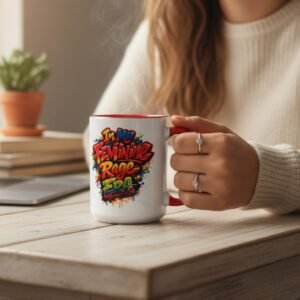 15oz coffee mug with the phrase “In My Feminine Rage Era” in bold graphic lettering.