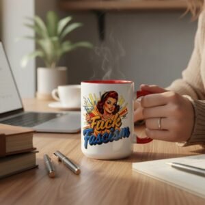 15oz statement mug featuring retro protest artwork with an anti-fascism message