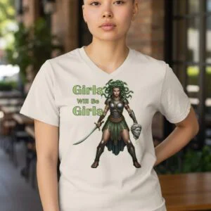 Medusa warrior graphic with the phrase “Girls Will Be Girls” in a fantasy mythology design.