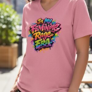 In My Feminine Rage Era colorful graffiti feminist graphic t shirt with paint splatter design.