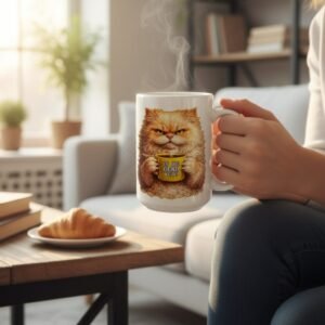 15oz coffee mug featuring Larry the Lemon Cat holding a mug that says “Is He Dead Yet?”