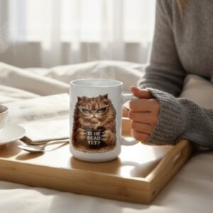 15oz coffee mug featuring Magda the sassy cat wearing glasses and holding a mug that says “Is He Dead Yet?”