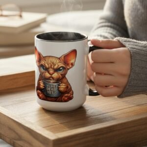 15oz coffee mug featuring a grumpy sphynx cat holding a mug that says “Is He Dead Yet?”