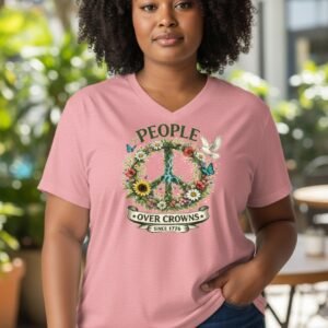Patriotic graphic t-shirt with floral peace sign and text “People Over Crowns Since 1776.”