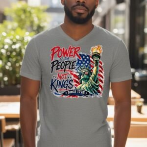 Patriotic graphic t-shirt reading “Power to the People Not Kings Since 1776” with Statue of Liberty and American flag.