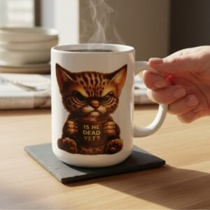 15oz coffee mug featuring Prison Cat holding a mug that says “Is He Dead Yet?”
