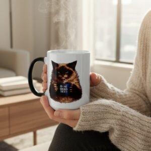 15oz coffee mug featuring Simon the Siamese Cat holding a mug that says “Is He Dead Yet?”