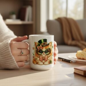 15oz coffee mug featuring a festive cat wearing a leprechaun hat with St. Patrick’s Day decorations.