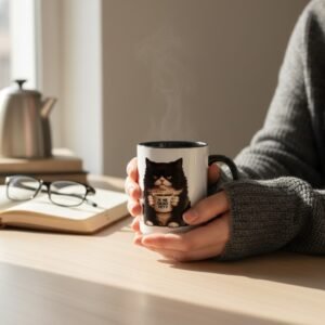 15oz coffee mug featuring a tuxedo cat holding a mug that says “Is He Dead Yet?”
