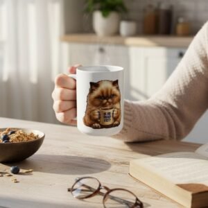 15oz coffee mug featuring Theodore Cat holding a mug that says “Is He Dead Yet?”