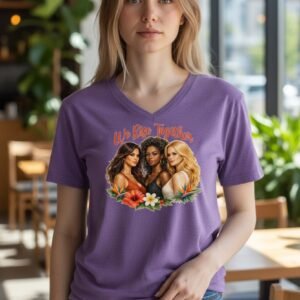 Women empowerment t-shirt featuring the phrase “We Rise Together” with three women and floral elements.
