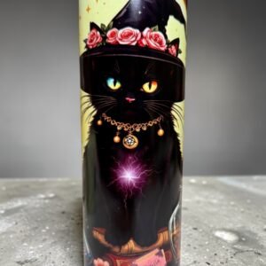 20oz glow-in-the-dark stainless steel tumbler with mystical witch cat artwork and magical details