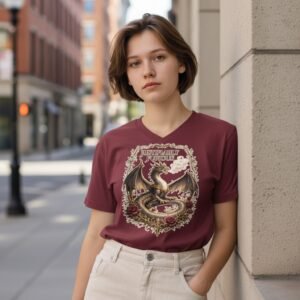 Fantasy dragon graphic t-shirt with ornate dragon illustration and the phrase “Justifiably Furious.”