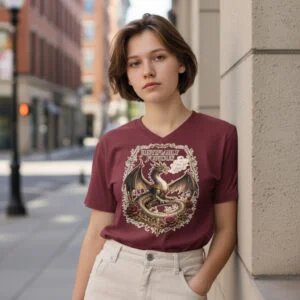 Fantasy dragon graphic t-shirt with ornate dragon illustration and the phrase “Justifiably Furious.”