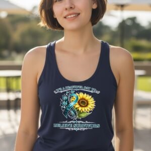 Graphic t-shirt featuring a sunflower and ribbon with a message encouraging belief and support for survivors