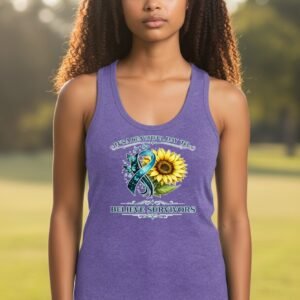 Graphic t-shirt featuring a sunflower and ribbon with a message encouraging belief and support for survivors