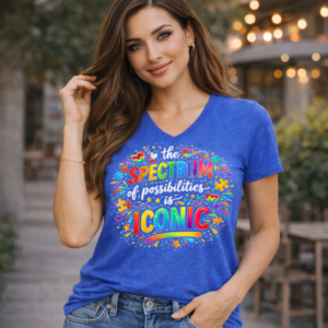 Graphic t-shirt featuring a vibrant autism awareness design with the phrase about the spectrum of possibilities being iconic