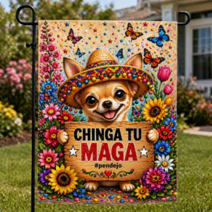 Sublimated chihuahua garden flag with colorful floral artwork and bold humorous political text displayed outdoors.