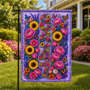 Floral yard flag featuring a bold 8647 surrounded by detailed flowers and butterflies