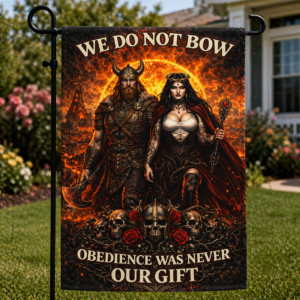 Yard flag featuring warrior artwork with bold “We Do Not Bow” statement text
