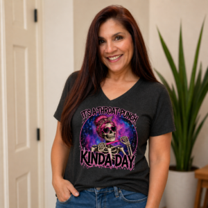 T-shirt featuring a skeleton graphic with bold humorous text and edgy design