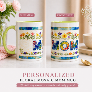 15oz floral mosaic mug with “Mom” text and option for custom name personalization