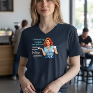 Graphic t-shirt featuring a retro-style woman holding a receipt with a sarcastic quote about not asking for opinions