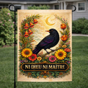 Sublimated raven garden flag with floral gothic artwork and Ni Dieu Ni Maître text displayed outdoors.