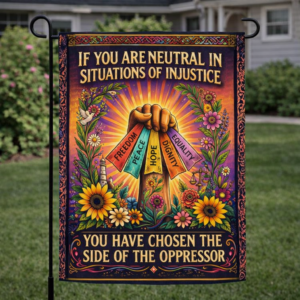 Sublimated social justice garden flag with inspirational quote and symbolic equality artwork displayed outdoors.