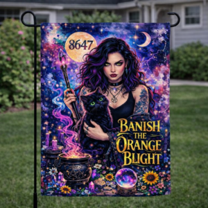 Sublimated witch garden flag with black cat, celestial artwork, and Banish the Orange Blight message displayed outdoors.