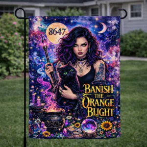 Sublimated witch garden flag with black cat, celestial artwork, and Banish the Orange Blight message displayed outdoors.