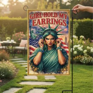 Sublimated patriotic garden flag with liberty-inspired figure, American flag backdrop, and Girl Hold My Earrings text displayed outdoors.