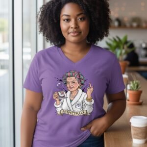 Graphic t-shirt featuring an illustrated grandma holding a teacup with a humorous “Respectfully” message
